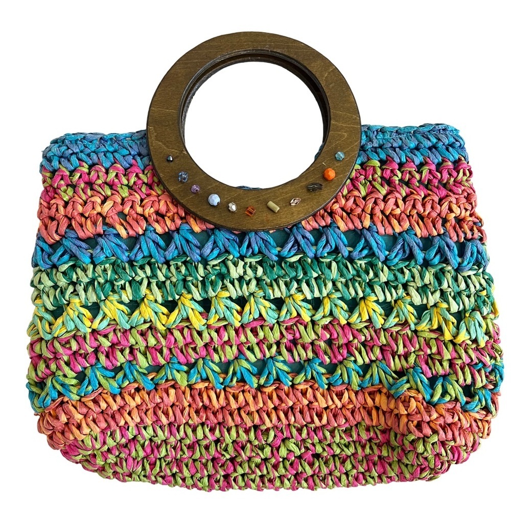 CAPPELLI STRAWORLD Turquoise Crochet Toyo Straw Wooden Grip Satchel Tote Handbag